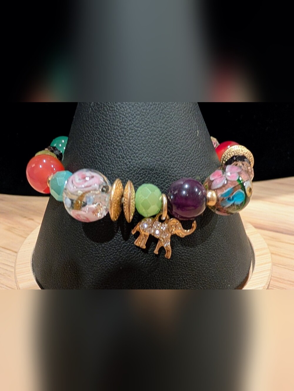 Fun Glass Bead Stretch Bracelet With Elephant Charm - Picture 2 of 6